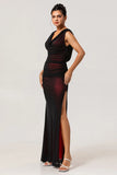 Black Red Sheath Cowl Neck Tulle Open Back Maxi Dress with Slit