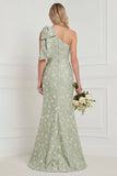 One Shoulder Sage Floral Jacquard Mermaid Bridesamid Dress with Slit