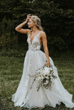Marvelous V neck A Line Wedding Dress Tulle Appliques Rustic Wedding Dress