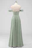Sage Green A Line Off The Shoulder Ruched Chiffon Long Bridesmaid Dress with Slit