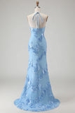 Light Blue Halter Mermaid Open Back Long Prom Dress with Appliques