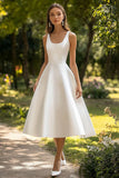 White Satin A Line Square Neck Graduation Dress