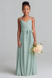 Matcha A Line Spaghetti Straps Pleated Junior Bridesmaid Dress