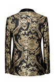 Mens Black Golden Shawl Lapel One Button Jacquard Prom Blazer