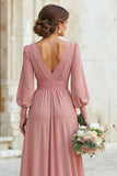 Elegant A Line V Neck Dusty Rose Bridesmaid Dress with Long Sleeves