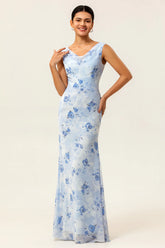 Blue Sheath Open Back Print Floral Chiffon Long Bridesmaid Dress