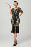 Black Golden Sequin Bodycon 1920s Flapper Dress with Tassles
