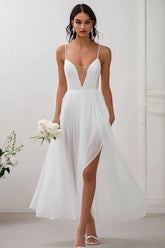 Simple White A Line Spaghetti Straps Wedding Dress with Slit