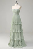 Dusty Sage A Line Sweetheart Tiered Chiffon Floor Length Dress