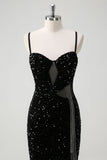 Glitter Mermaid Spaghetti Straps Beaded Long Prom Dress with Slit