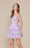 BRENNA MINI DRESS LILAC OFF SHOULDER TIERED SHORT DRESS