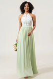 A Line Halter Neck Dusty Sage Lace and Chiffon Long Bridesmaid Dress