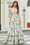 Green A Line Spaghetti Straps Printed Bridesmaid Dress With Slit