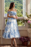 Blue Floral Off the Shoulder Corset A Line Midi Wedding Guest Dress