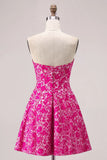 Fuchsia Floral A Line Strapless Mini Homecoming Dress