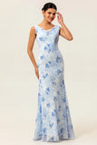 Blue Sheath Open Back Print Floral Chiffon Long Bridesmaid Dress