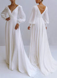A Line V Neck Long Sleeves Chiffon Wedding Dresses With Beading