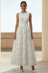 Light Green Floral A Line Midi Wedding Guest Dress with Pockets