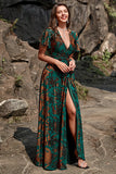 A Line V Neck Dark Green Burnout Velvet Floor Length Dress with Short Sleeves