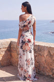 One Shoulder Ivory Floral Sheath Wedding Guest Dress with Slit