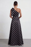 Green White Polka Dot One Shoulder A Line Formal Dress with Slit