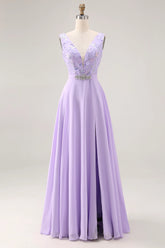 Lilac A Line Sequin Applique Long Bridesmaid Dress with Slit