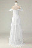 White A Line Off The Shoulder High Low Cut Out Wedding Dress with Ruffles