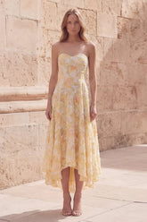 Floral Yellow Strapless High Low A Line Wedding Guest Dress