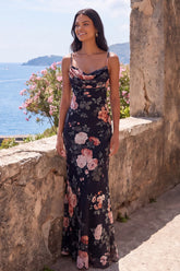 Black Mermaid Spaghetti Straps Floral Wedding Guest Dress