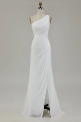 One Shoulder Ivory Ruched Engagement Dress with Slit