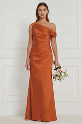 Burnt Orange Asymmetrical Neck Mermaid Ruched Satin Bridesmaid Dress