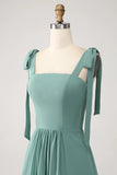 Eucalyptus A Line Spaghetti Straps Pleated Floor Length Bridesmaid Dress