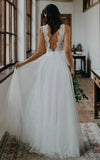 Rustic Boho Elegant A Line Tulle Lace V neck Open Back Floor Length Sleeveless Wedding Dress