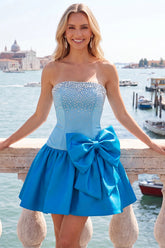 Beaded A Line Strapless Blue Homecoming Dress with Bow