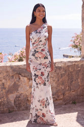 One Shoulder Ivory Floral Mermaid Wedding Guest Dress with Sash