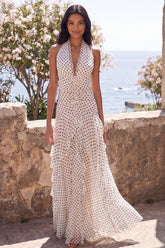 Halter Ruffled White Black Long Polka Dot Dress