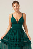 Dark Green A Line Spaghetti Straps Tiered Pleated Long Bridesmaid Dress