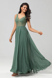 A Line Beaded Eucalyptus Long Bridesmaid Dress