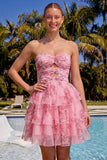 Strapless Tiered A Line Cut Out Floral Pink Homecoming Dress