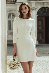 Ivory Boat Neck Mini Courthouse Wedding Dress with 3 4 Sleeves