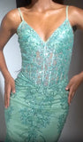 Lyra Gown Sage FITTED FLORAL GLITTER PRINT CORSET GOWN