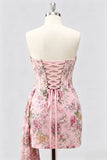 Strapless Pink Bodycon Corset Floral Sequin Homecoming Dress with Sash