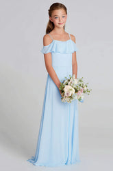 Sky Blue Chiffon A Line Cold Shoulder Junior Bridesmaid Dress