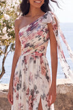 One Shoulder Ivory Floral Wedding Guest Dress with Slit