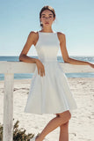 Simple White A Line Scoop Neck Satin Midi Graduation Dress