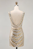 Sparkly Sequins Golden V Neck Backless Short Homecoming Dress