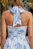 Light Blue Floral Halter A Line Homecoming Dress
