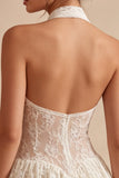 Ivory Halter A Line Lace Short Bridal Shower Dress