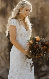 Modest Sheath Square V neck Lace Wedding Dress with Short Sleeve Sweep Train