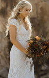 Modest Sheath Square V neck Lace Wedding Dress with Short Sleeve Sweep Train